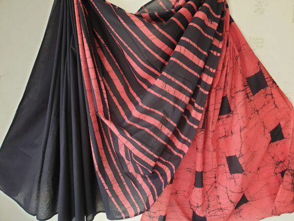 Jaipuri black batik print daily wear cotton saree with blouse piece