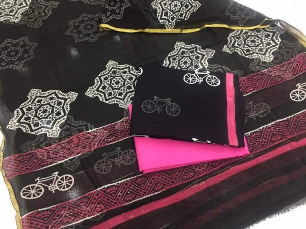 Black and white regular wear bagru cycle print zari border cotton suit