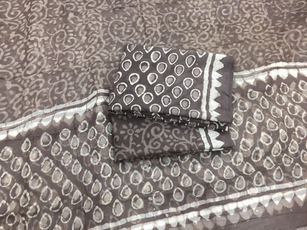 Slate gray bagru dabu print cotton salwar suit set with pure chiffon dupatta