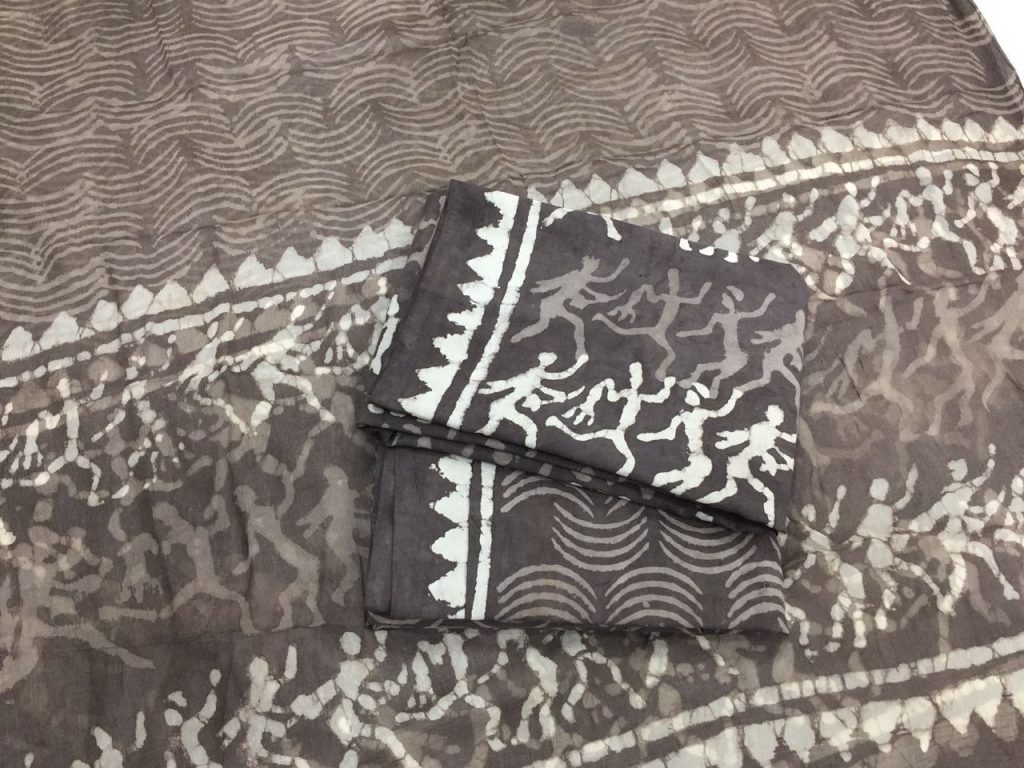 Exclusive slate gray bagru dabu print cotton suit set with chiffon dupatta