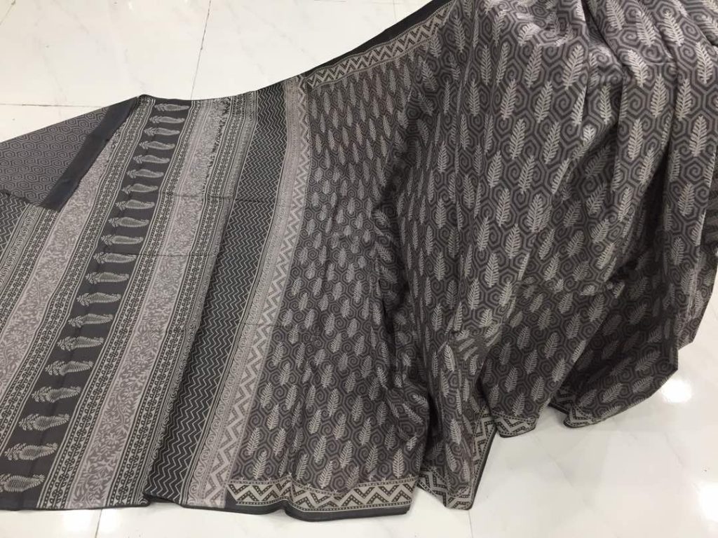Taupe daily wear dabu booty bagru print cotton sarees with blouse piece