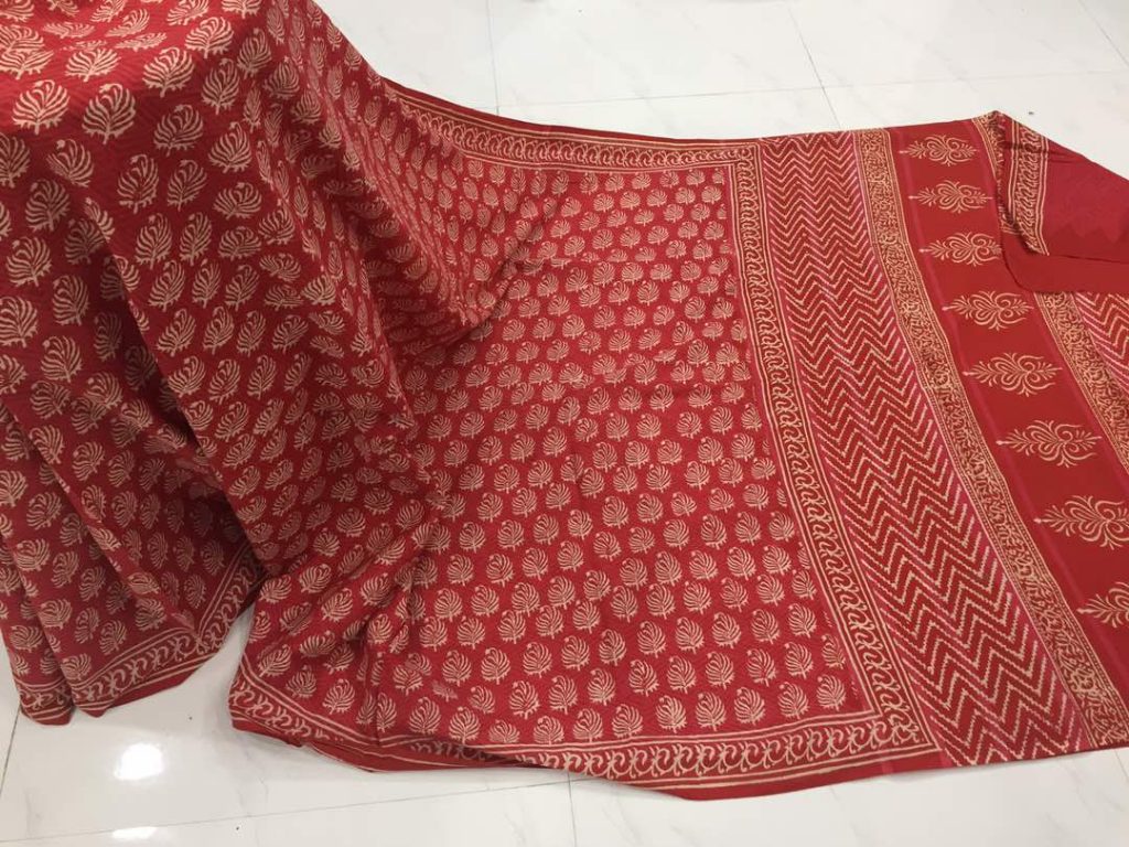 Red daily wear dabu booty bagru print cotton sarees with blouse piece
