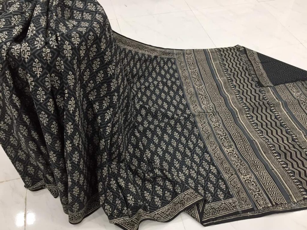 Black daily wear dabu booty bagru print cotton sarees with blouse piece