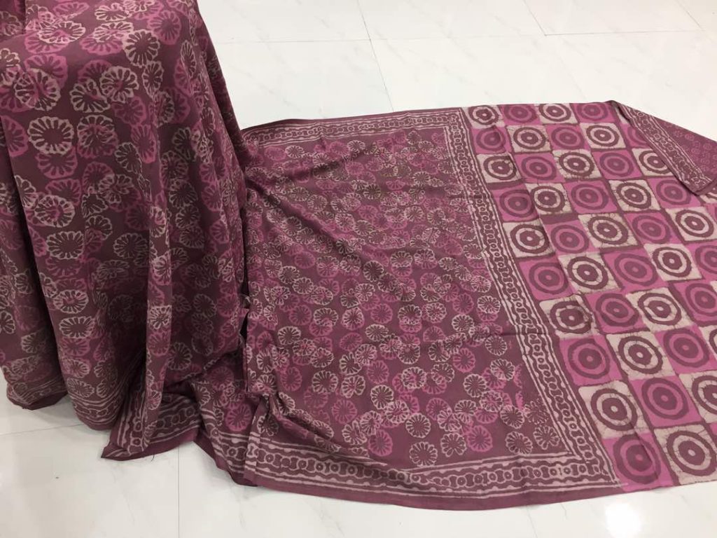 Plum daily wear dabu bagru print cotton sarees with blouse piece