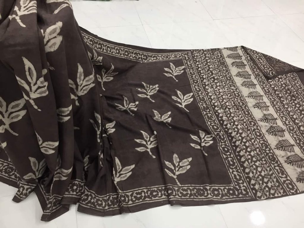 Taupe daily wear dabu leaf bagru print cotton sarees with blouse piece
