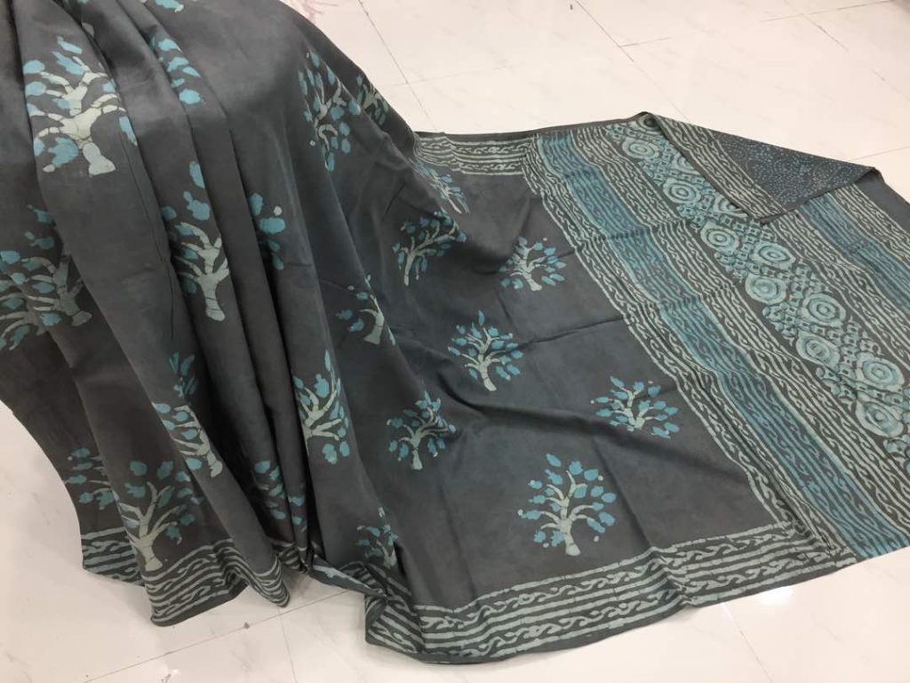 Taupe daily wear dabu tree bagru print cotton sarees with blouse piece