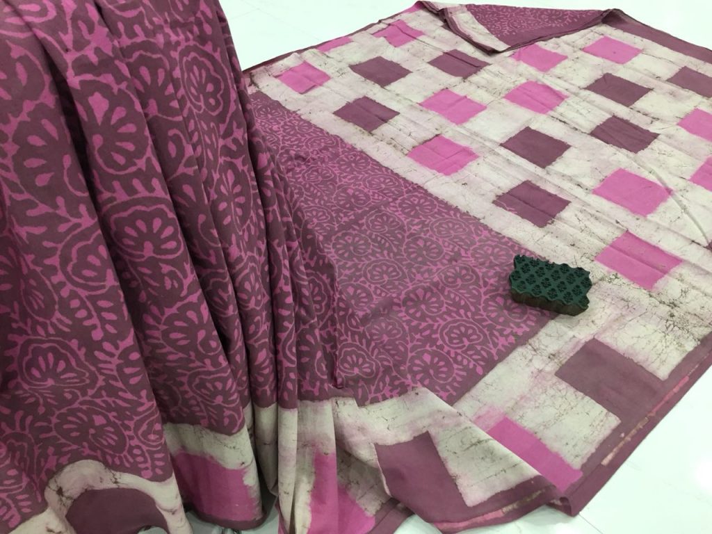 Natural blush casual wear dabu booty bagru print cotton sarees with blouse piece