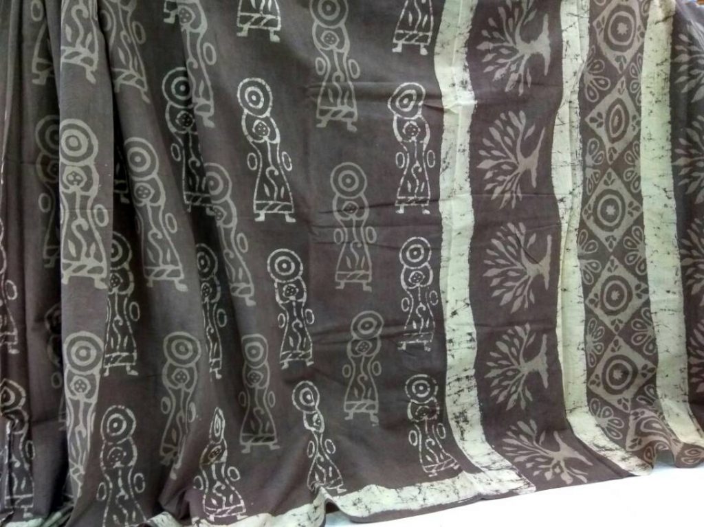 Taupe casual wear dabu bagru print cotton sarees with blouse piece