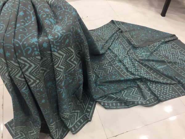 Taupe casual wear floral dabu bagru print cotton sarees with blouse piece
