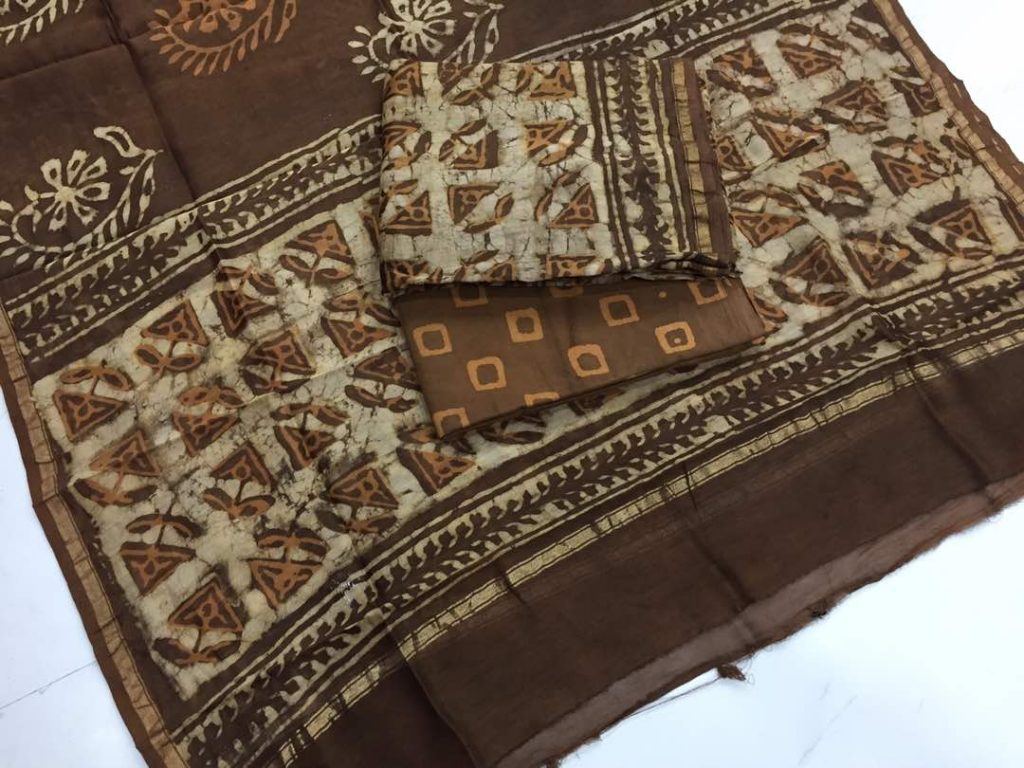 Brown dabu batik print casual wear chanderi salwar kameez set