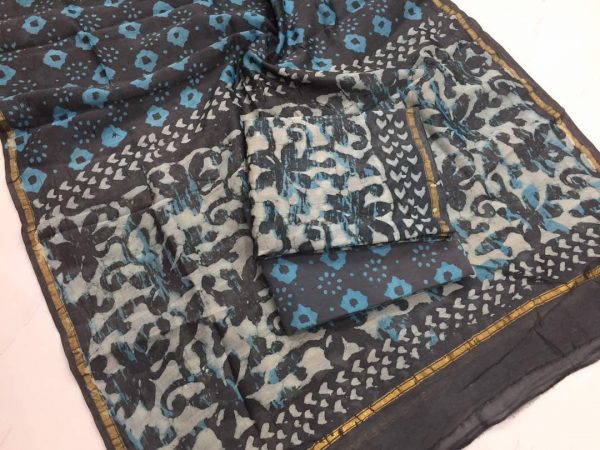 Taupe dabu batik floral print casual wear chanderi salwar kameez set