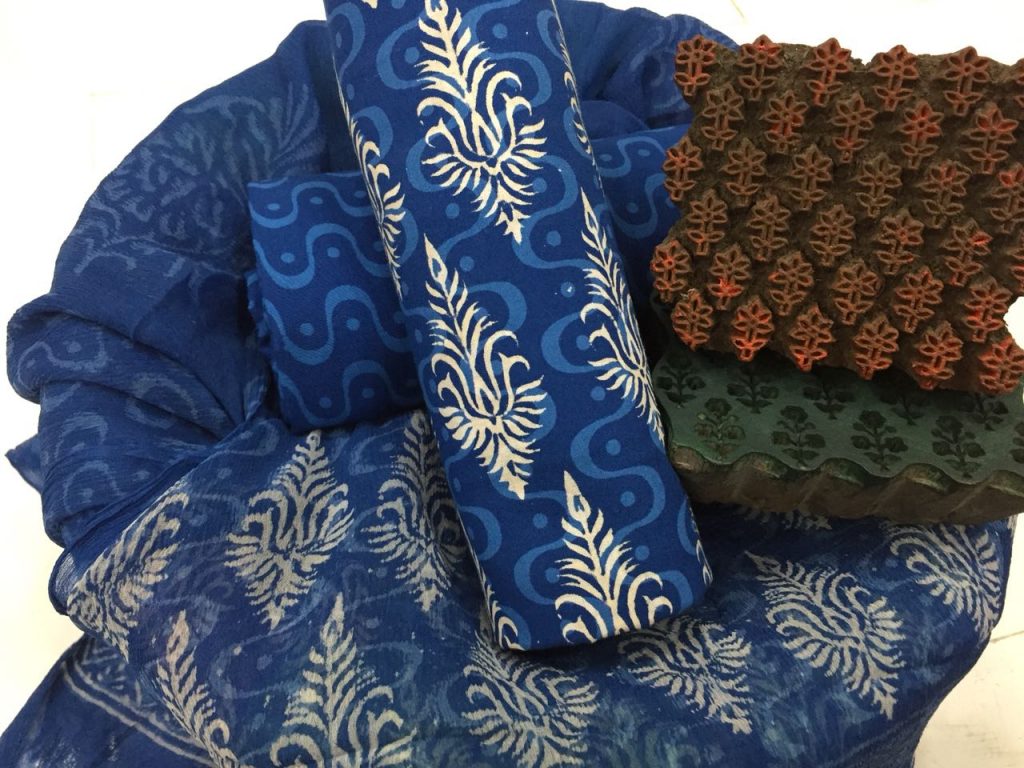 Exclusive persian blue bagru discharge print cotton suit set with chiffon chunni