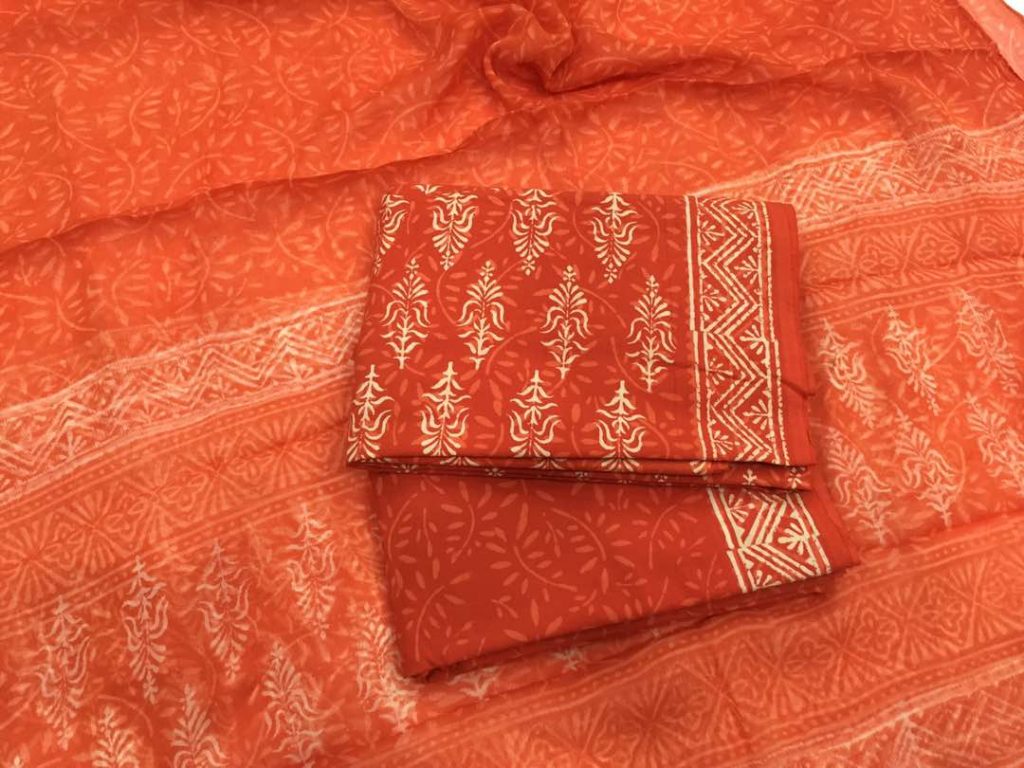 Jaipur orange red bagru discharge print cotton salwar kameez with chiffon chunni