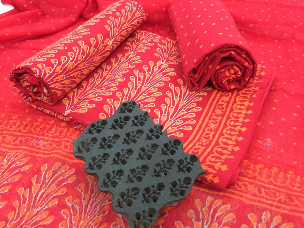 Unstitched red bagru discharge print cotton suit set with pure chiffon dupatta