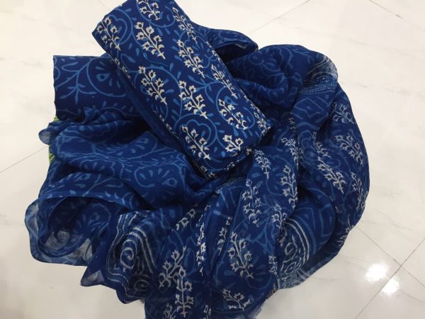 Exclusive persian blue bagru discharge print cotton suit set with chiffon dupatta