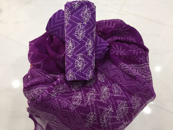 Jaipuri purple bagru discharge print cotton salwar kameez with chiffon dupatta