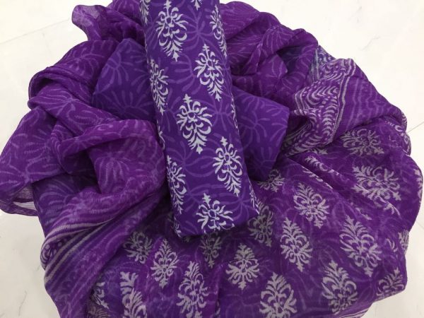 Jaipuri blue violet bagru discharge print cotton salwar kameez with chiffon chunni