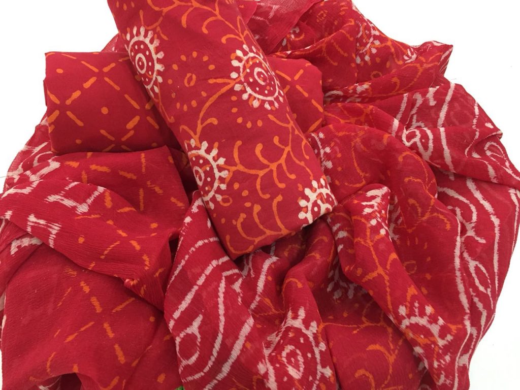 Natural crimson bagru discharge print cotton salwar suit set with chiffon dupatta