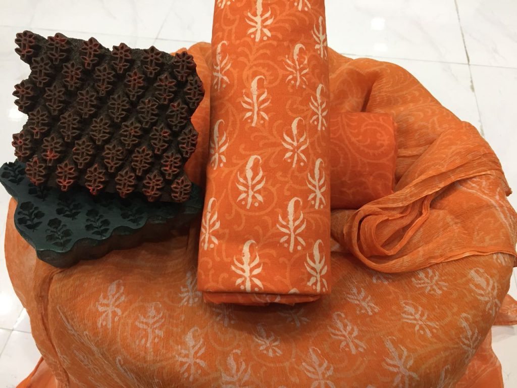 Jaipuri orange bagru discharge print pure cotton salwar kameez with chiffon dupatta