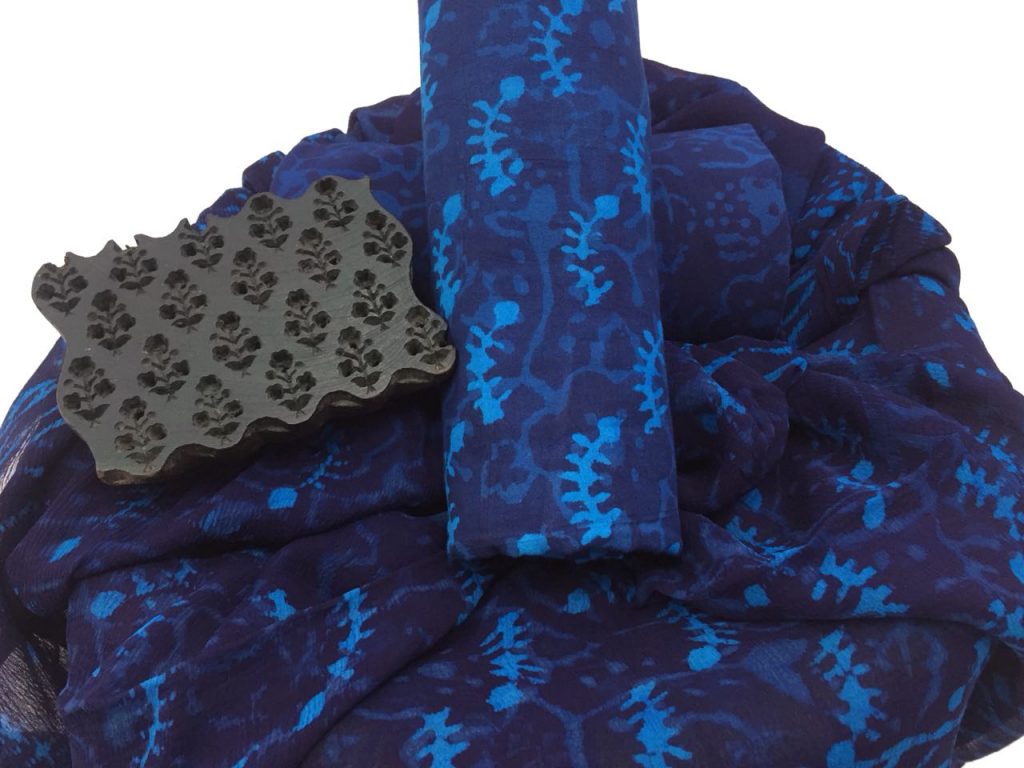 Navy blue bagru discharge print cotton salwar suit set with chiffon dupatta