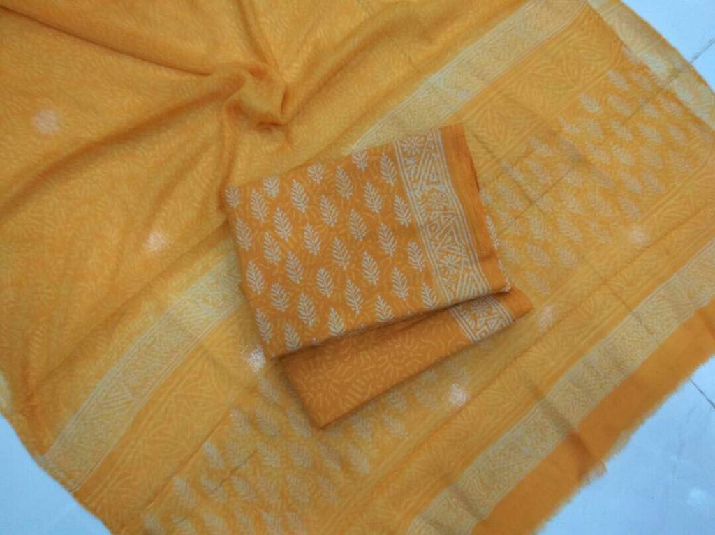 Gold bagru discharge print cotton salwar suit set with chiffon chunni