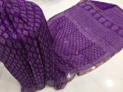 Purple discharge color leaf print chiffon saree with blouse piece