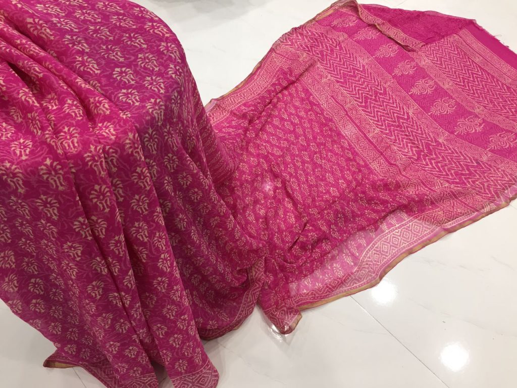 Ruby discharge color leaf print chiffon saree with blouse piece