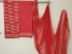 Red discharge color leaf print kantha cotton suit set with chiffon dupatta
