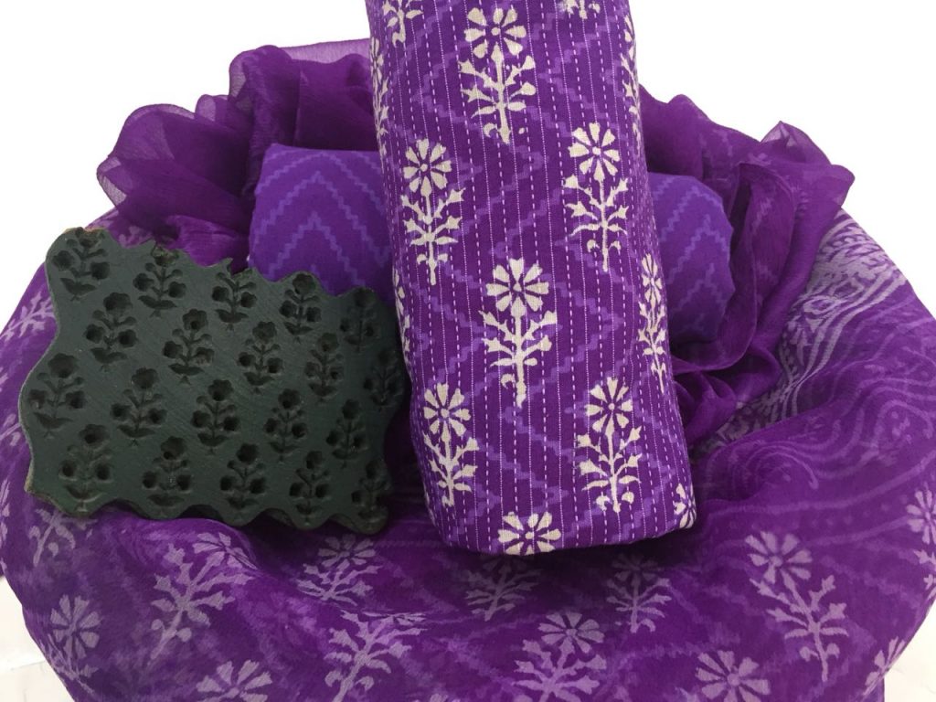 Purple discharge color booty print kantha cotton suit set with chiffon dupatta