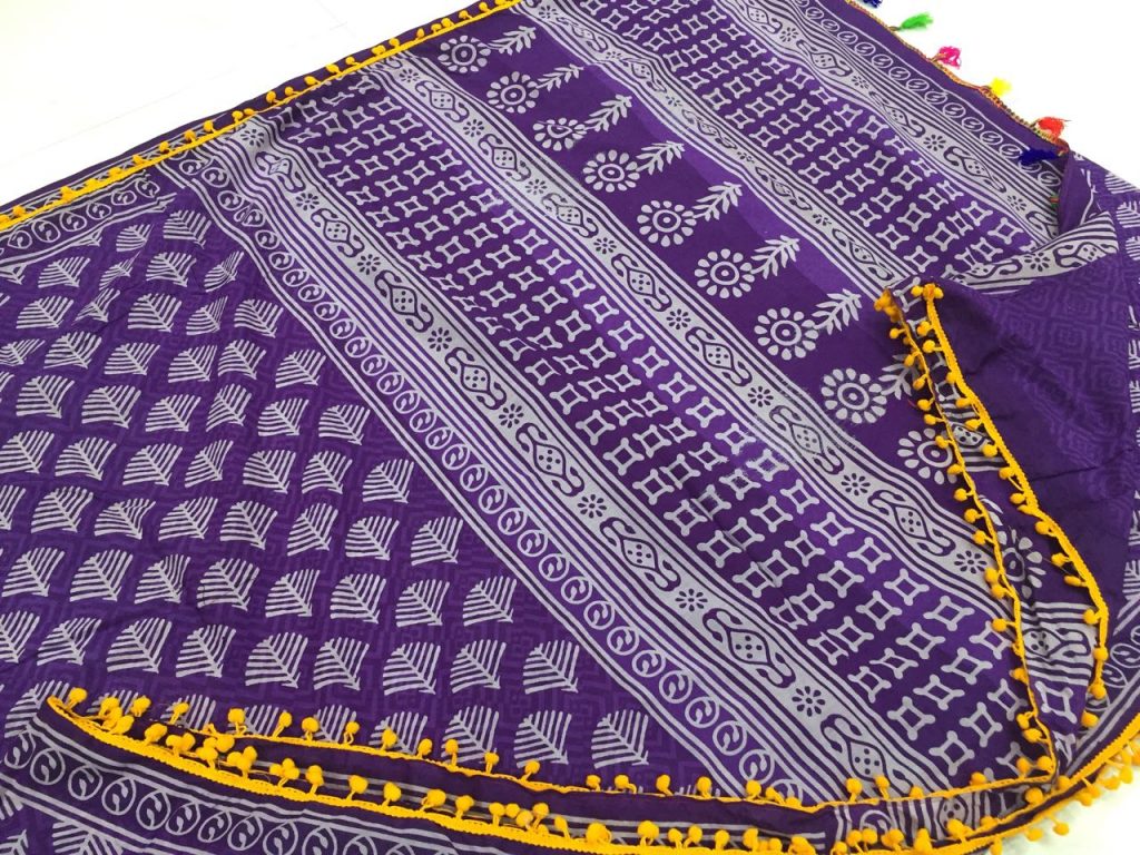 Purple regular wear discharge bagru booty print cotton mulmul pompom saree