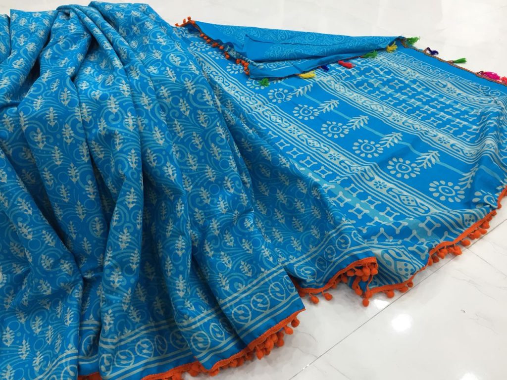 Sapphire regular wear discharge bagru booty print cotton mulmul pompom saree