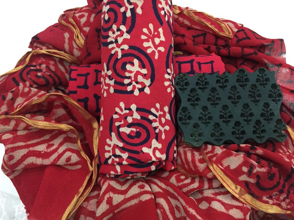 Red regular wear discharge bagru print zari border pure cotton suit set