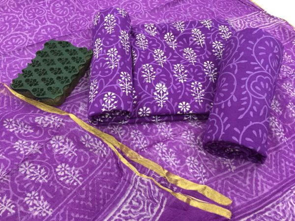 Blue-violet regular wear discharge bagru print zari border pure cotton suit set