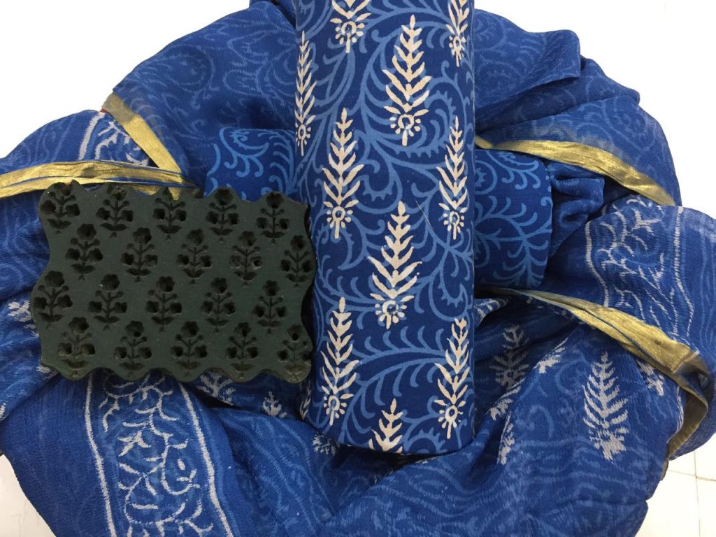 Persian blue regular wear discharge bagru booty print zari border pure cotton suit set