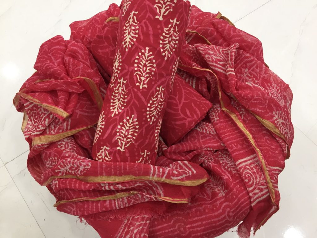 Red regular wear discharge bagru booty print zari border pure cotton suit set