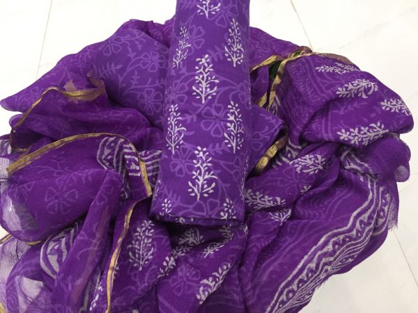 Purple regular wear discharge bagru booty print zari border pure cotton suit set