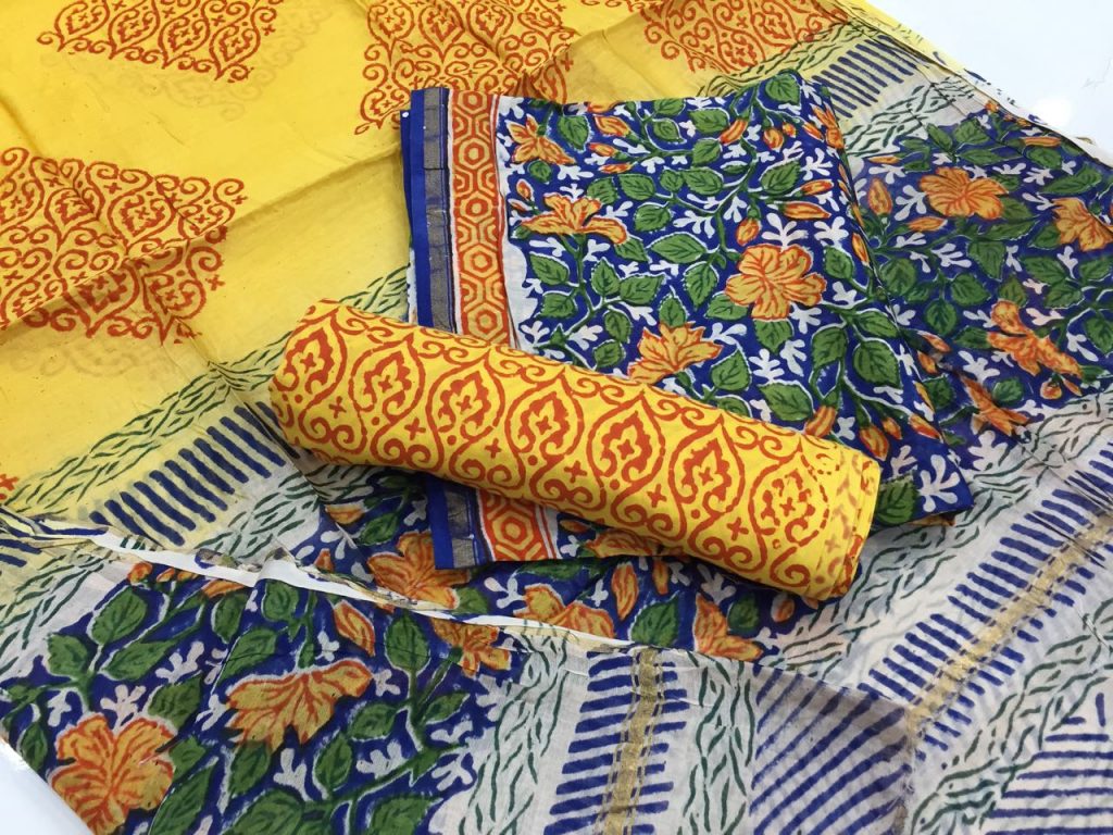 Yellow floral kalamkari rapid print casual wear chanderi silk suit