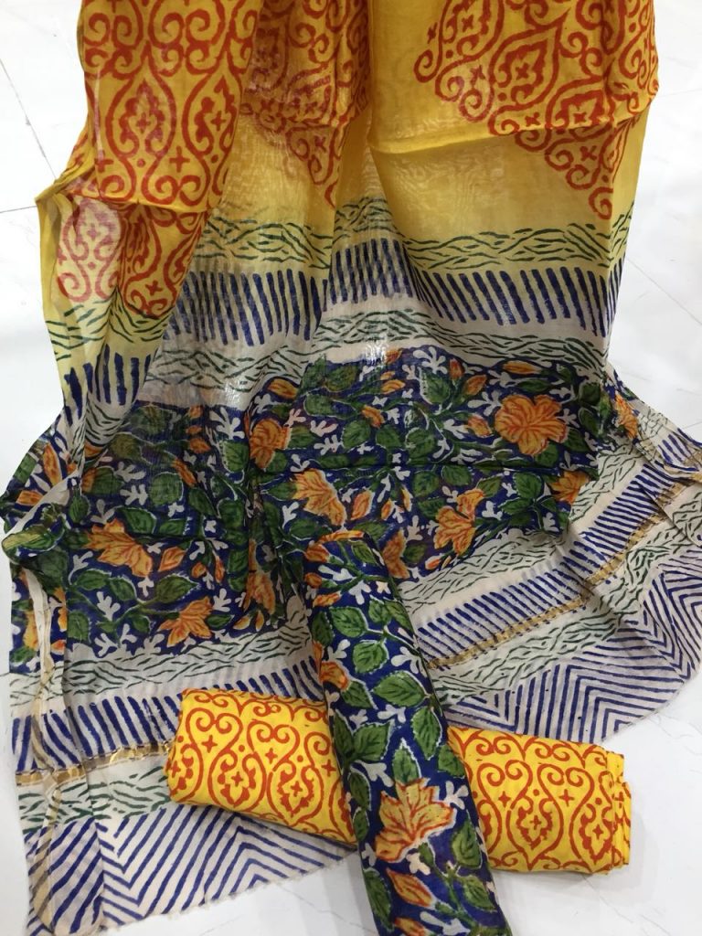 Yellow floral kalamkari rapid print casual wear chanderi silk suit