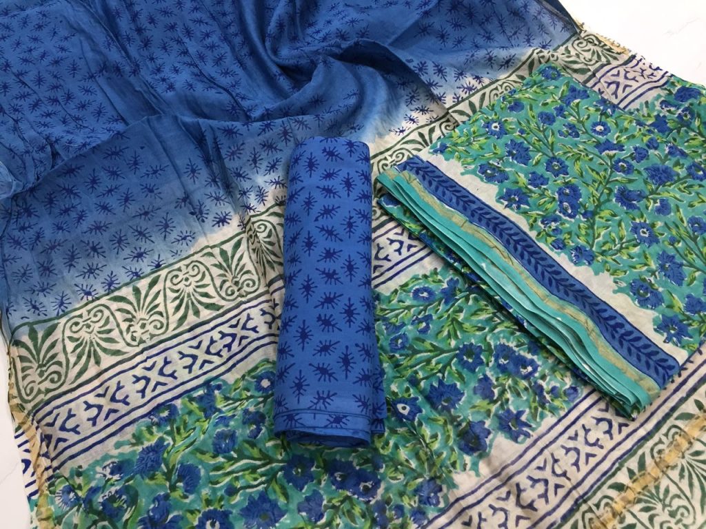 Cobalt blue floral kalamkari rapid print casual wear chanderi silk suit