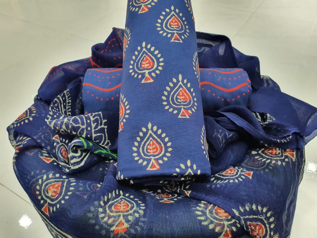 Jaipuri persian blue bagru kerry print cotton salwar kameez with chiffon dupatta