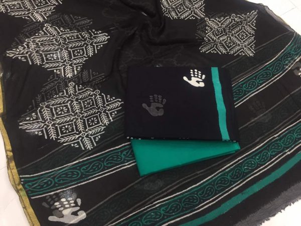 Black regular wear bagru hand Print zari border pure cotton suit set