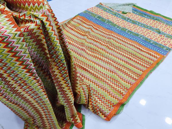 Multicolor handblock bagru print casual wear cotton mulmul saree with blouse