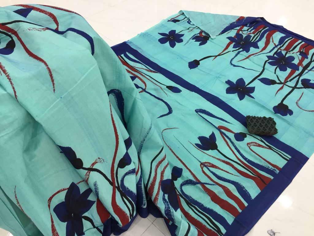 Turquoise handblock bagru print casual wear cotton mulmul saree with blouse