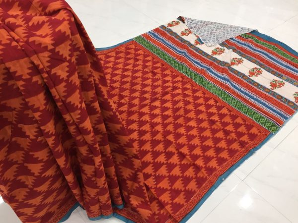 Maroon handblock bagru print casual wear cotton mulmul saree with blouse