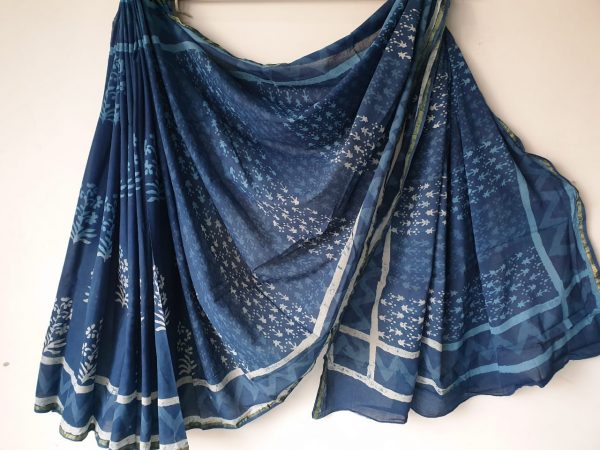 Indigo dabu print daily wear zari border cotton mulmul saree with blouse