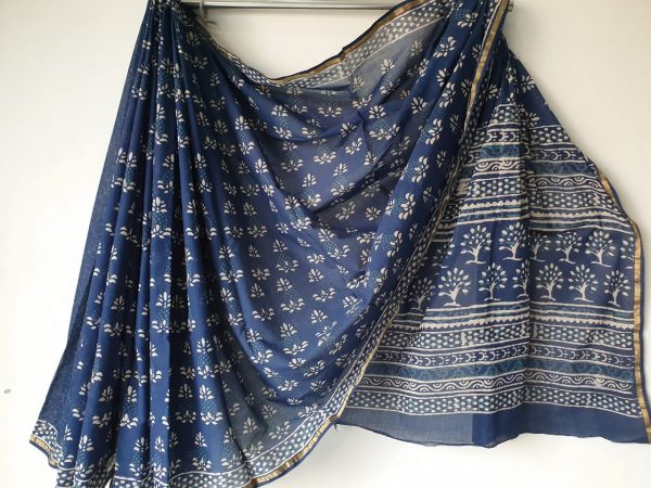 Indigo dabu print daily wear zari border cotton mulmul saree with blouse piece