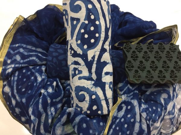 Natural indigo dabu kerry print office wear zari border cotton salwar suit set