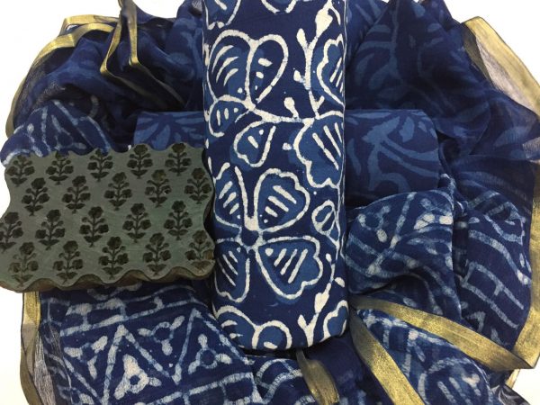 Natural indigo dabu floral print office wear zari border cotton salwar kameez suit