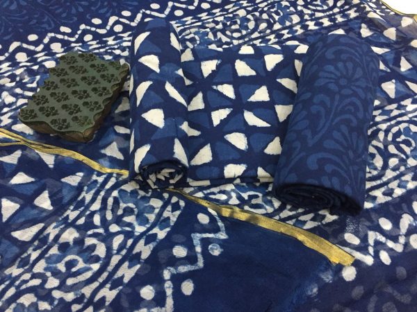 Natural indigo dabu triangle print office wear zari border cotton salwar kameez suit set