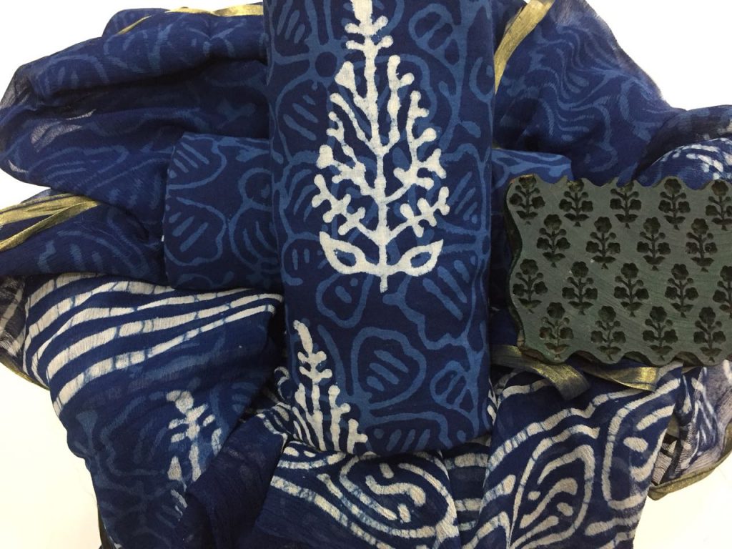 Natural indigo dabu leaf print office wear zari border cotton salwar kameez